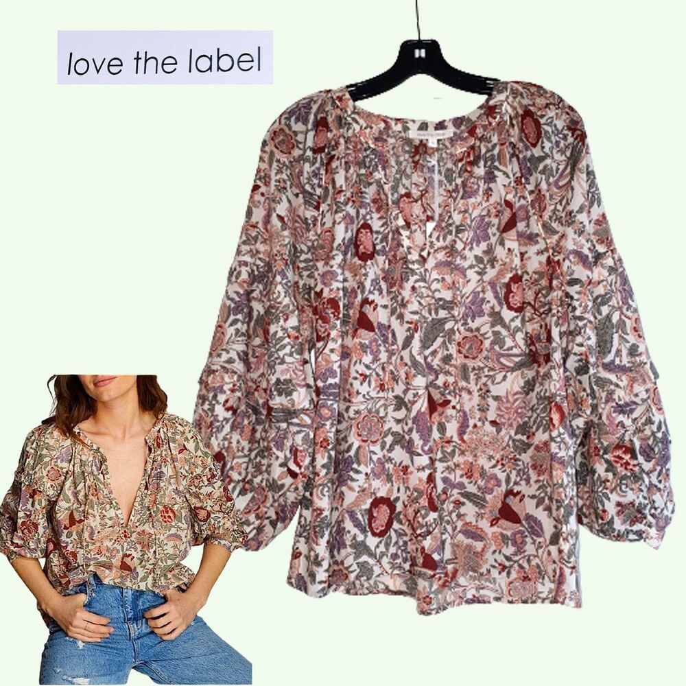 Love the Label by Anthropologie NEW Peasant Botanical Split Neck Boho Blouse S